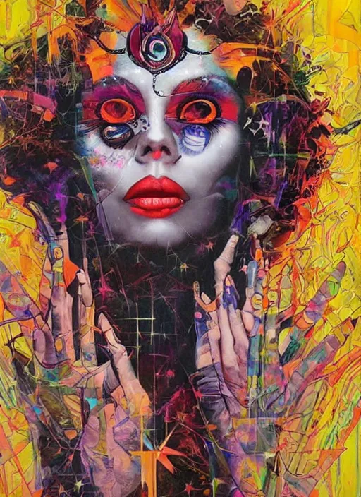 Image similar to gorgeous magic cult psychic woman smiling, third eye, energetic consciousness psychedelic, epic surrealism expressionism symbolism, story telling, iconic, dark robed, oil painting, symmetrical face, dark myth mythos, by Sandra Chevrier, Noriyoshi Ohrai masterpiece