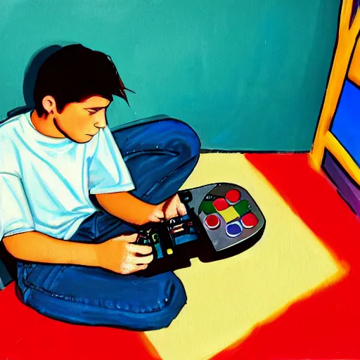 Image similar to teenager in the 9 0 s playing nintendo in a basement, painting