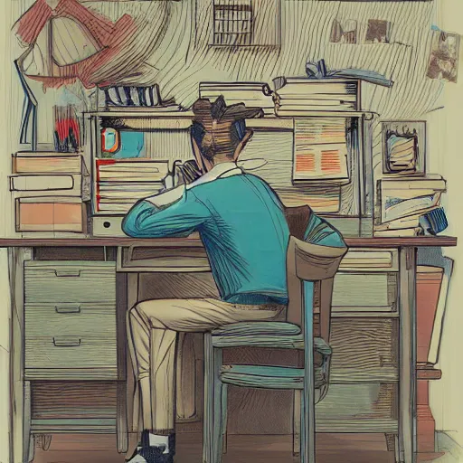 Prompt: a man at a desk, by james jean