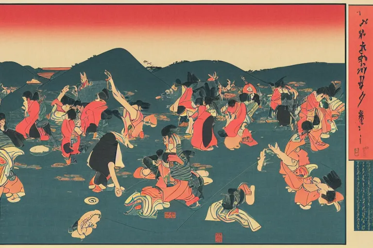 Prompt: techno house rave, people dancing hands up, ukiyo - e flat design