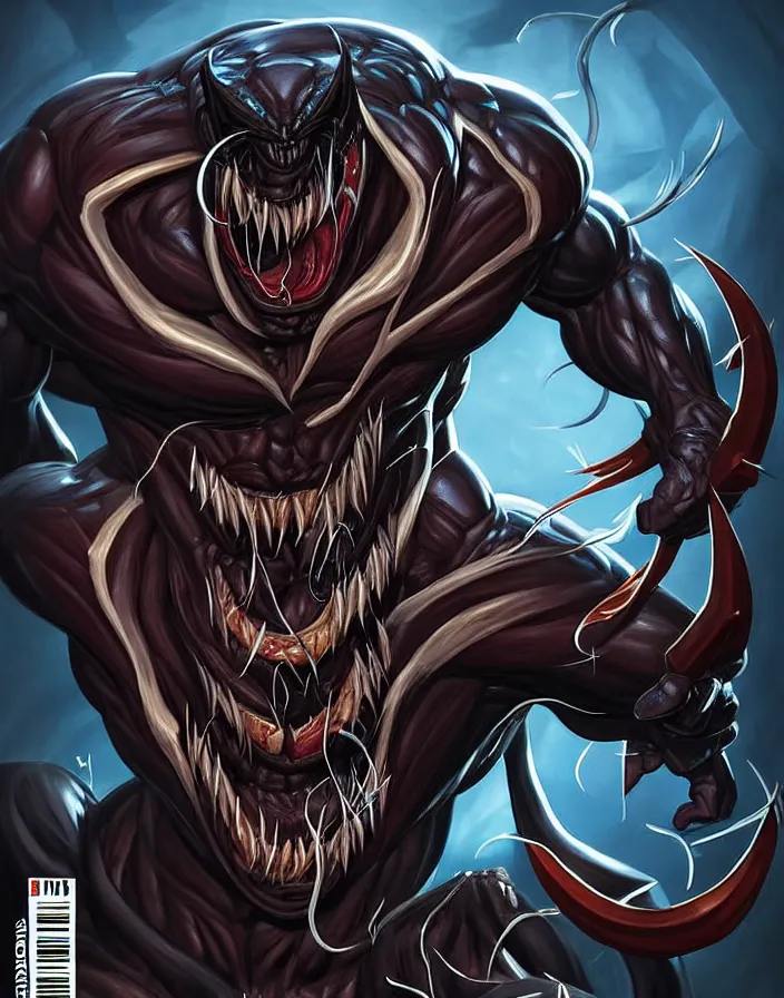 Image similar to fantastic comic cover of venom, lethal protector, muscles, muscular, veins, open mouth, angry, saliva, bigh sharp teeths, large thong, artstation, 3 d hammer modeling, hd, sharp high quality artwork in style of francesco di mattina, marko djurdjeviv, concept art, blizzard warcraft artwork, hearthstone card artwork