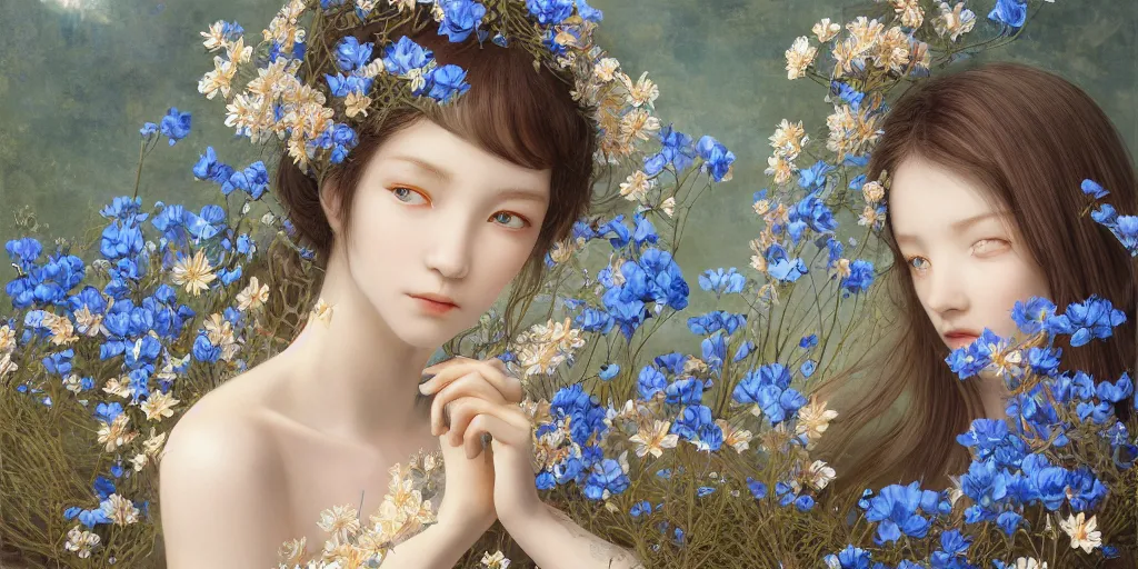 Image similar to breathtaking detailed concept art painting of the goddess of nemophila flowers, orthodox saint, with anxious, piercing eyes, ornate background, amalgamation of leaves and flowers, by Hsiao-Ron Cheng, James jean, Miho Hirano, Hayao Miyazaki, extremely moody lighting, 8K