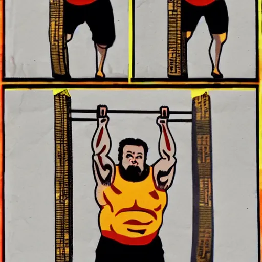 Prompt: the worlds strongest man lifting a bar bell made of soy sauce packets. japanese anime