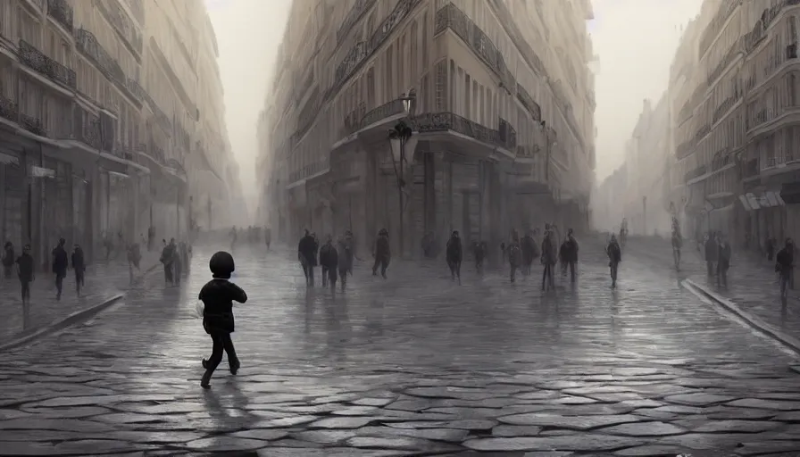 Image similar to Young boy walking in a empty Paris during the French Revolution with a light mist, hyperdetailed, artstation, cgsociety, 8k