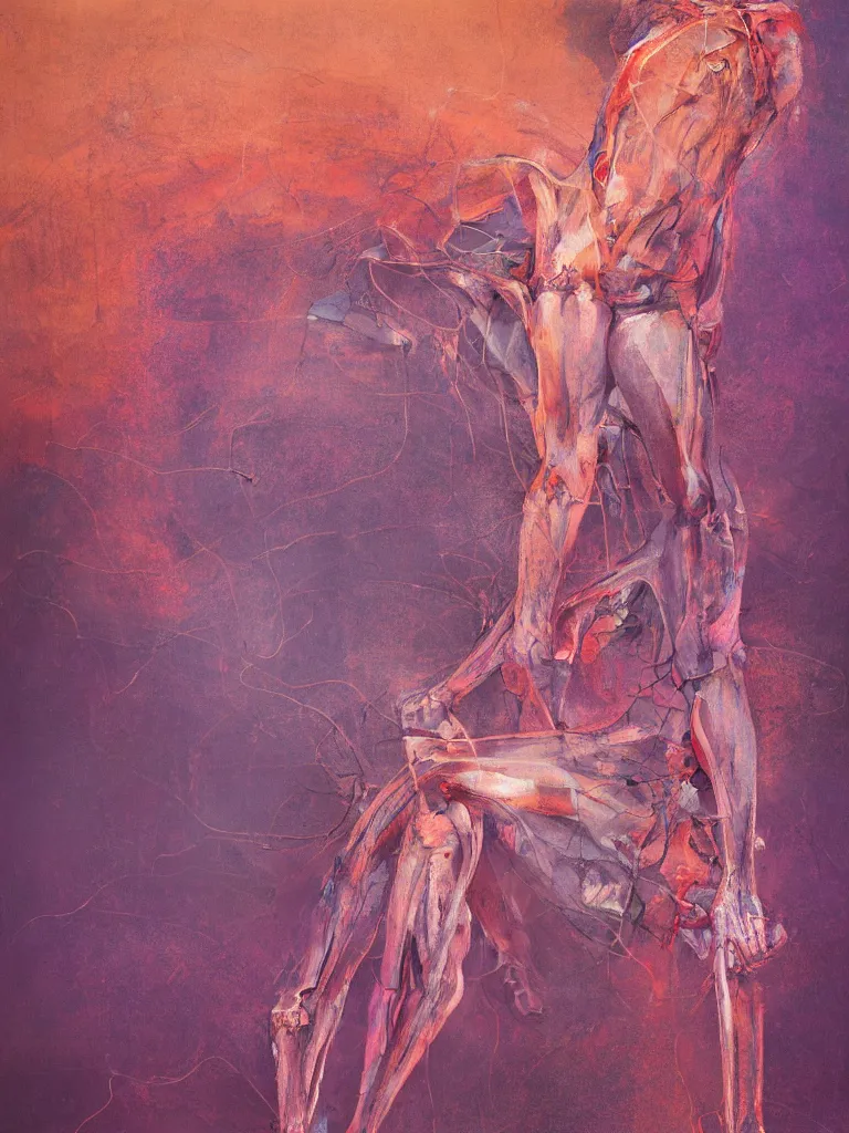 Image similar to a beautiful abstract painting by peter vahlefeld of an anatomy study of the human body on a highway intersection, color bleeding, pixel sorting, copper oxide material, brushstrokes by jeremy mann, studio lighting, pastel purple background, square shapes