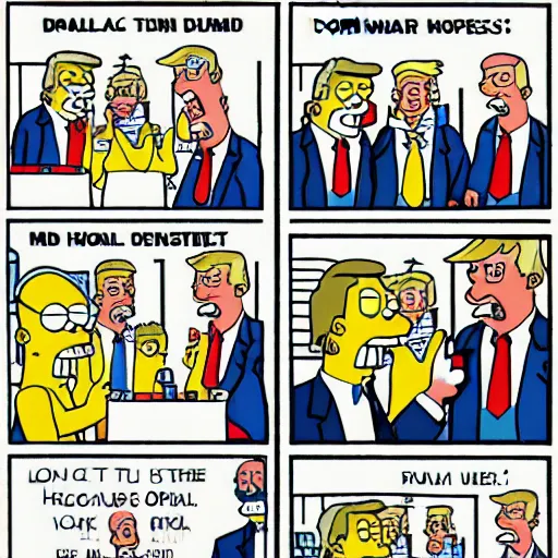 Image similar to donald trump meets homer simpson, comic book panels, drawing, white house,