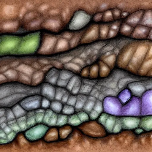 Image similar to a side profile of earth soil and rock layers, with hidden bones, gems and treasures, digital painting