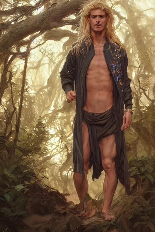 Image similar to portrait of a blonde herculian man in a bomber - jacket, flowing hair, forest, full body, muscular, fantasy, intricate, elegant, highly detailed, digital painting, artstation, concept art, sharp focus, illustration, art by artgerm and greg rutkowski and alphonse mucha