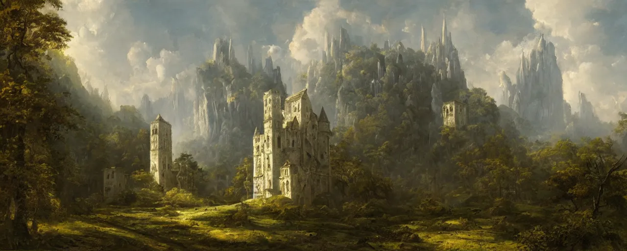 Image similar to white monastery with large tower upon sheer lime cliffs, a ray of sun illuminating, vast forest in the foreground, oil painting, high fantasy, extremely detailed