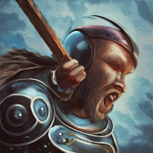 Image similar to “ one viking male is fighting against a robot, high detailed painting ”