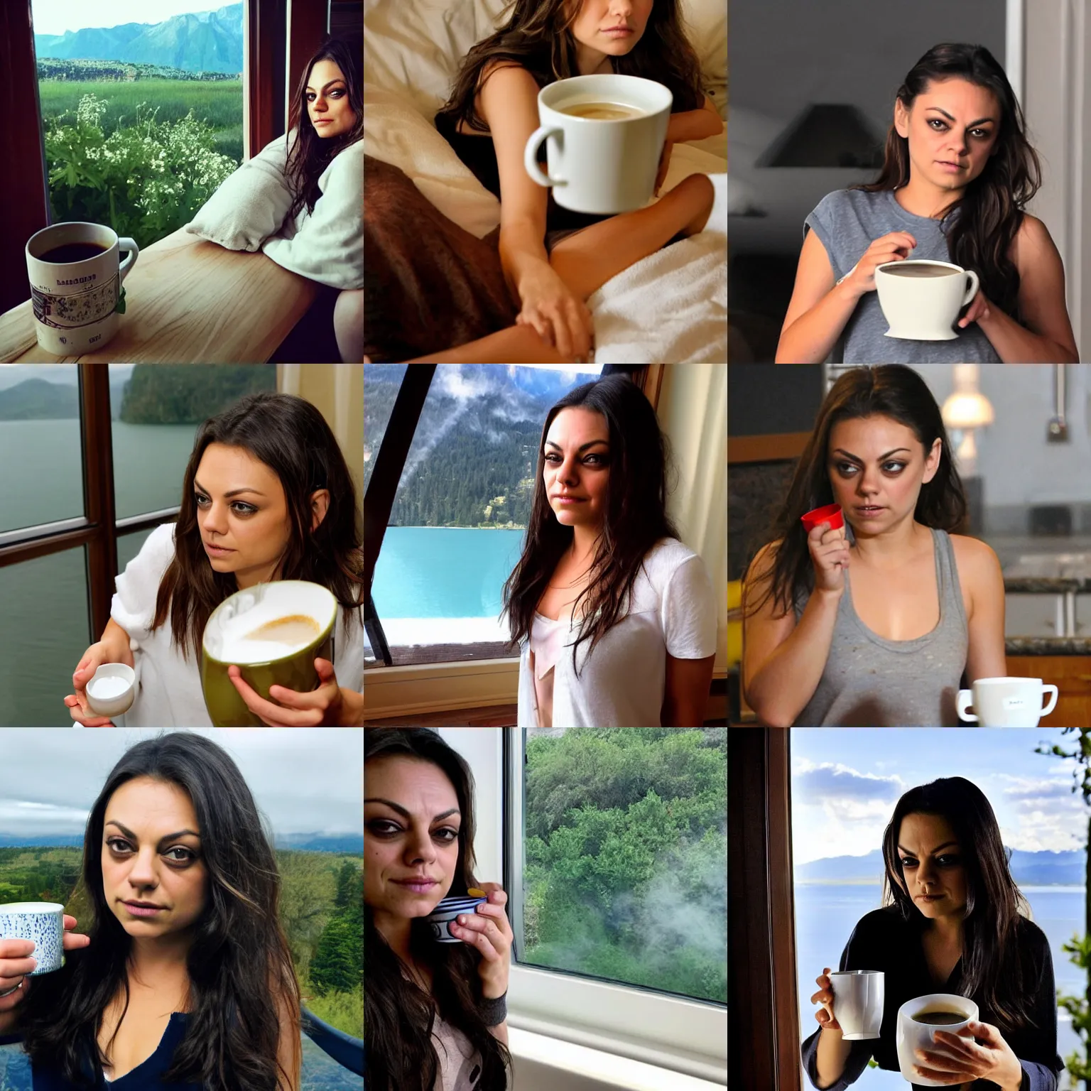 Prompt: dreamy mila kunis waking up with steaming coffee, lake view vista