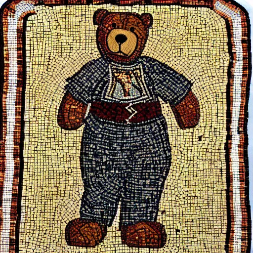 Image similar to a large teddy bear wearing chainmail, on a horse byzantine mosaic