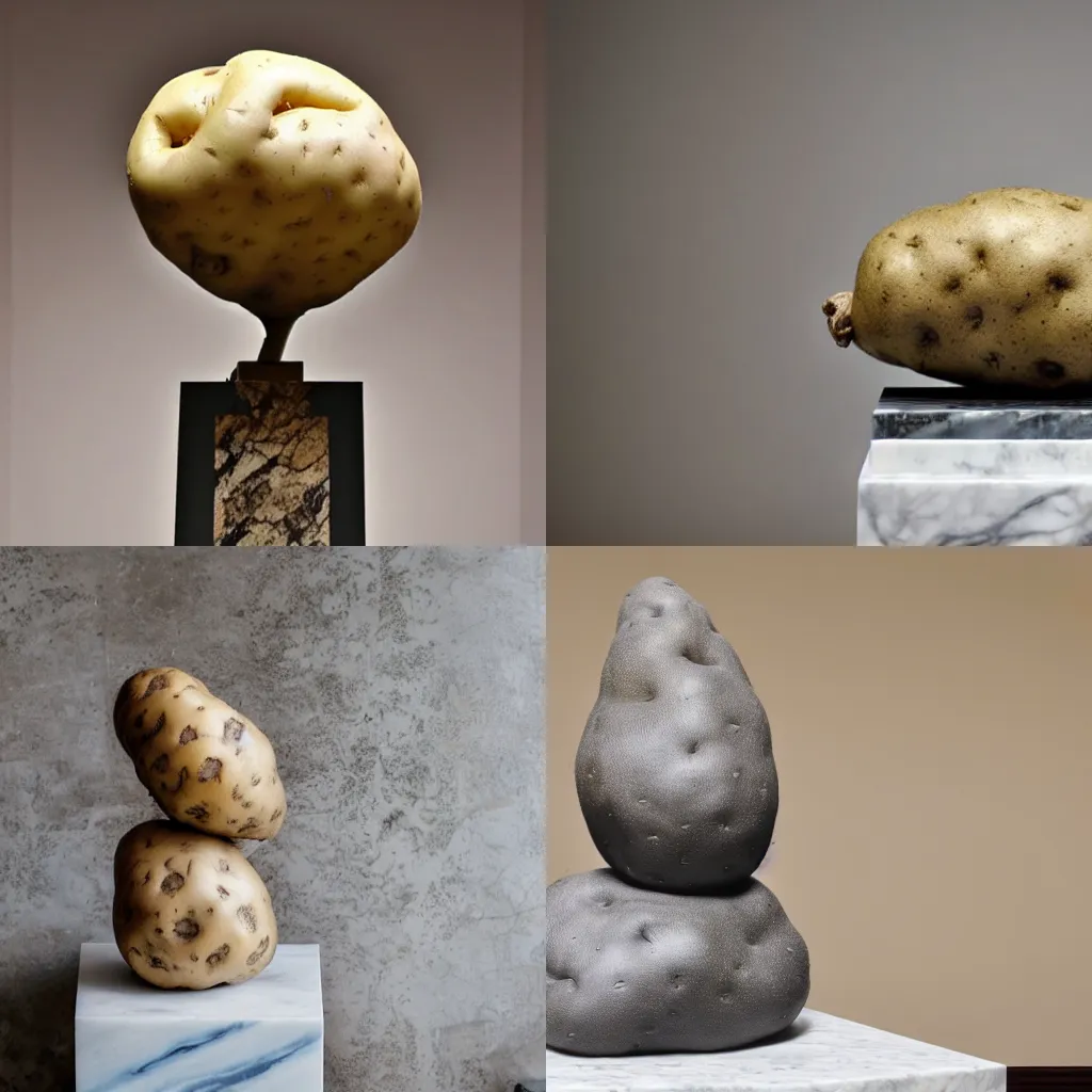Prompt: Art installation of a majestic potato, presented on a marble pedestal