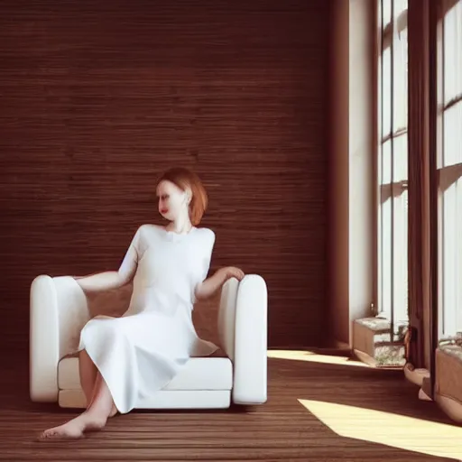 Prompt: a woman in a white dress sitting in a chair, volumetric lighting, photorealistic, criterion collection, featured on cg society, shutterstock contest winner, award - winning photograph, mysterious