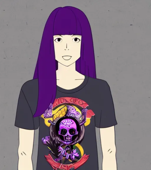 Prompt: skinny girl with long purple hair wearing a black t - shirt with skulls on it whilst standing next to a crow, pokemon anime art style, ultra detail