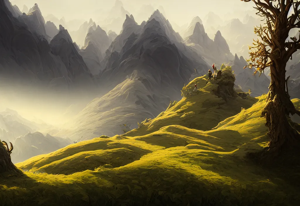 Image similar to mountain landscape without people, high trees, top of the hill, above low layered clouds, deep focus, fantasy, intricate, elegant, highly detailed, digital painting, artstation, concept art, matte, sharp focus, illustration, hearthstone, art by rhads and artgerm and greg rutkowski and alphonse mucha. gediminas pranckevicius