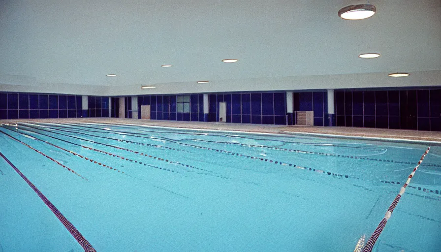 Image similar to 1 9 6 0 s movie still of empty blue tiles swimmingpool, cinestill 8 0 0 t 3 5 mm, high quality, heavy grain, high detail, panoramic, ultra wide lens, cinematic composition, dramatic light, flares, anamorphic