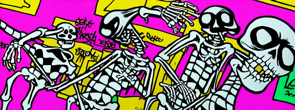 Image similar to ska skeleton and girlfriend, graffiti art, 8 0 s checkerboard 6 6 6, digital art, chalk, ultra detailed by tara mcpherson and gary houston, 5 0 mm