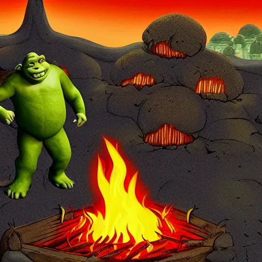 Image similar to shrek in hell, ominous, horror, flames, fire