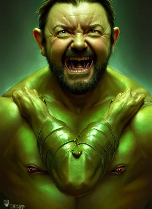 Image similar to portrait of ricky gervais as a goblin, d & d, muscular! green, fantasy, intricate, elegant, highly detailed, digital painting, artstation, concept art, smooth, sharp focus, illustration, art by artgerm and greg rutkowski and alphonse mucha
