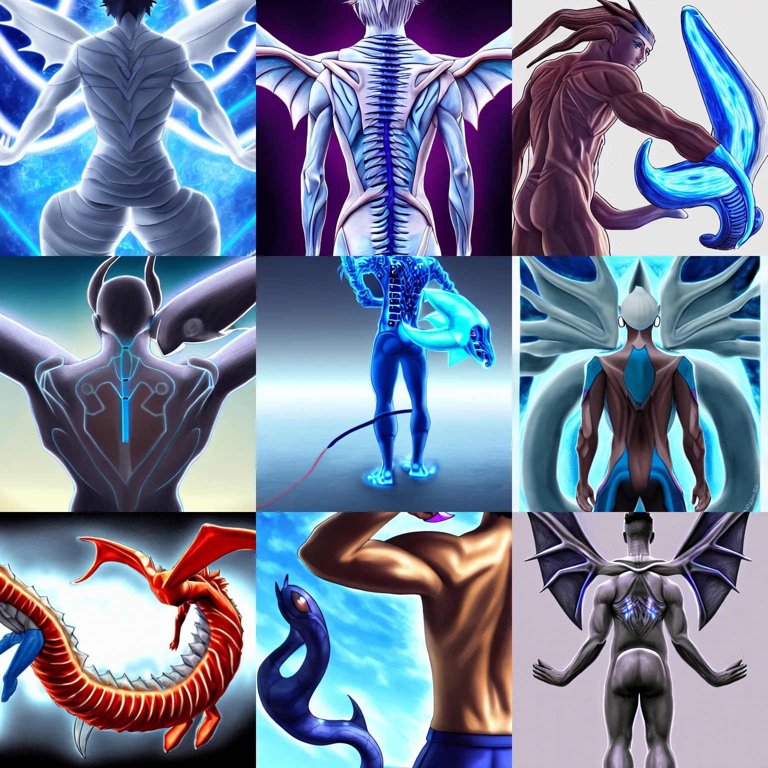 Prompt: human man with the tail of the pokemon dragonair attached to his whole spine, futuristic, electrical, back - shot, high tech, symmetrical, digital art, anatomy, d & d, 4 k hd, very detailed, drawing