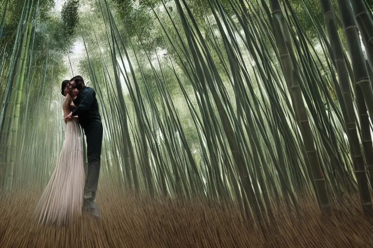 Image similar to cinematography closeup portrait of couple dancing in a bamboo forest, thin flowing fabric, audience of monkeys, natural light by Emmanuel Lubezki