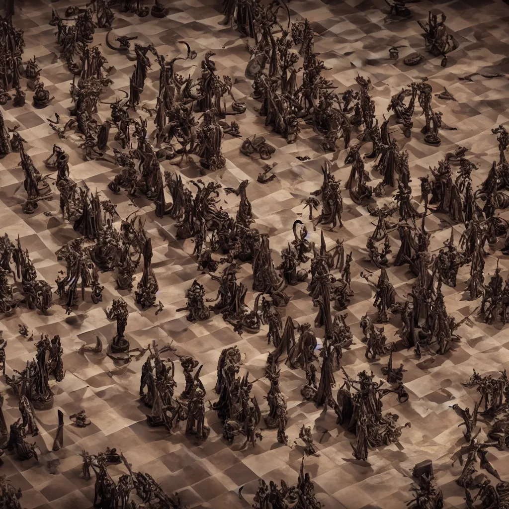 Image similar to Demons versus Angels as chess pieces on chessboard as battle field, cinematic lighting, photo realistic image, 4K, super detailed, cinematic look