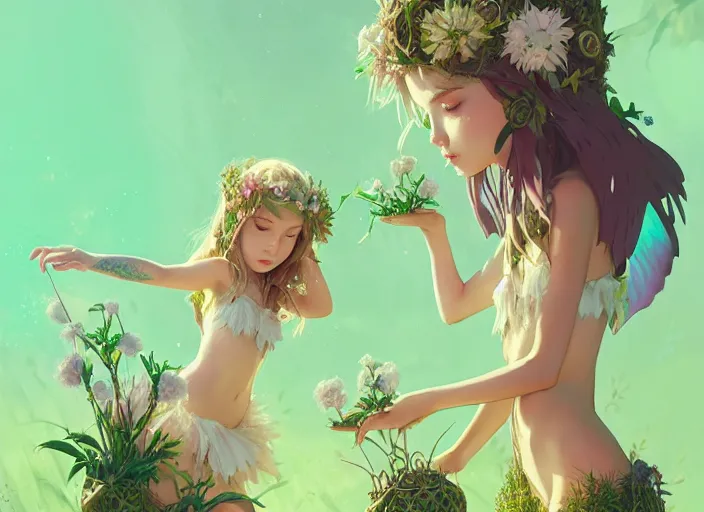 Prompt: two cute fairy girls playing with crown of flowers in plants bikini covered with celtic rune tattoos, fantasy, by atey ghailan, by greg rutkowski, by greg tocchini, by james gilleard, by joe gb fenton, by in kaethe butcher, dynamic lighting, gradient light green, brown, blonde cream and white color in scheme, grunge aesthetic