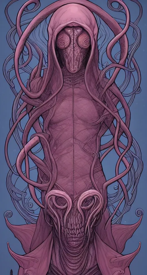 Image similar to comic cover art of an illithid, dnd, high fantasy digital illustration, by jenny frison and sana takeda, intricate details, stunning inking lines, flat colors, 4 k, hd, artstation