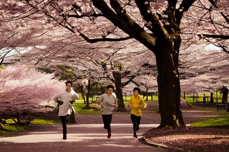 Image similar to vfx movie scene closeup japanese couple running through cherry blossom forest, natural lighting by emmanuel lubezki