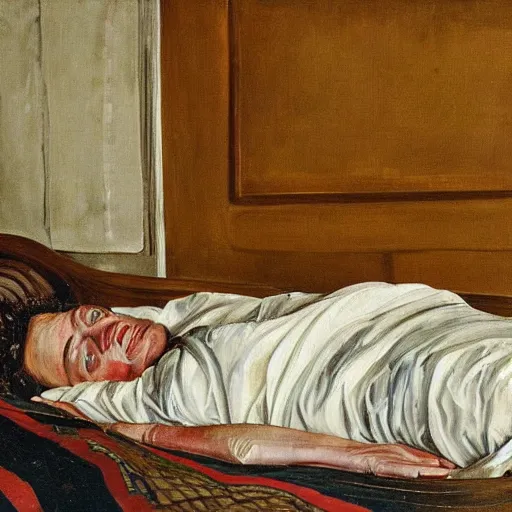 Image similar to lucian freud painting of old ema stone laying down on a victorian bed in a big old room