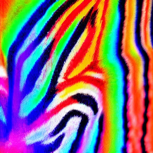 Prompt: a photograph of a rainbow zebra, high resolution, 8 k, hdr, dynamic lighting