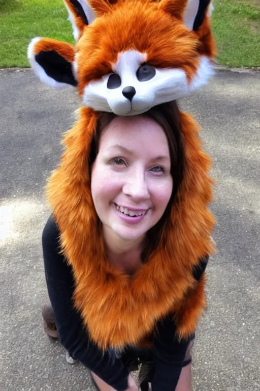 Image similar to photo of a woman in a realistic fox fursuit