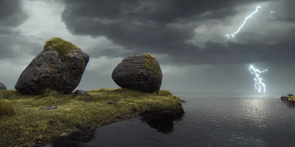 Prompt: Photorealistic epic landscape with magically floating rocks, with ominous storm clouds, strange levitating stones, a gentle rising mist. photorealism, UHD, amazing depth, glowing, golden ratio, 3D octane cycle unreal engine 5, volumetric lighting, cinematic lighting, cgstation artstation concept art