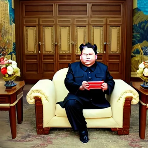 Prompt: cinematic shot of kim jong - un sitting on a couch in an apartment eating a box of cheez - its, 8 k, very intricate, very detailed,