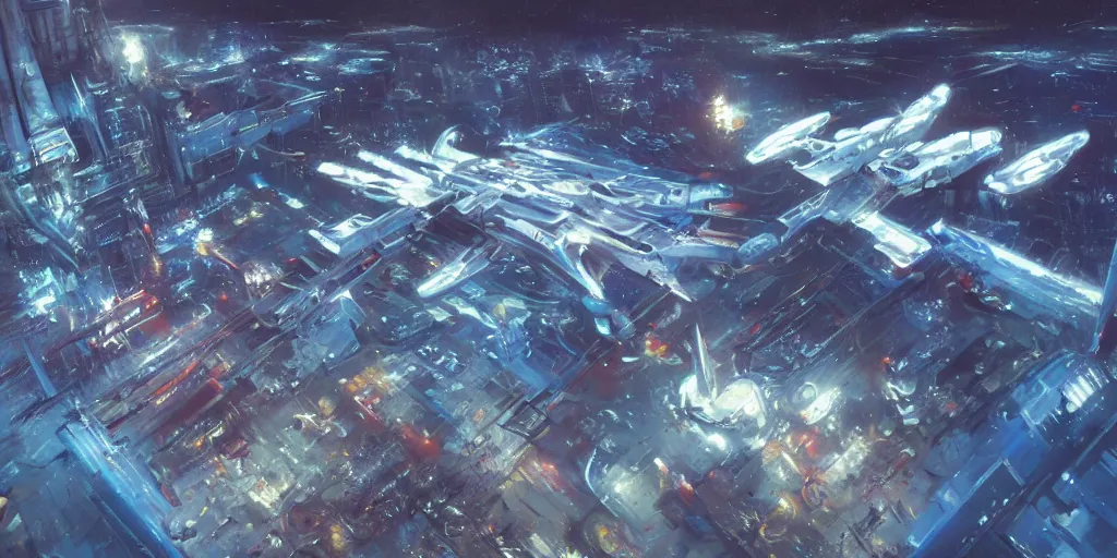 Prompt: A very detailed sci fi blender 3d model of huge white numerous spaceships blue wing and firing nozzles with superstructure deck under neon city, by john berkey, trending on artstation