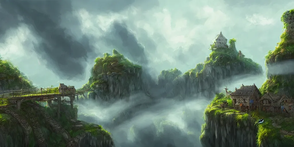 Image similar to peaceful village built on clouds, d & d, rope bridges, birds in background, high fantasy, detailed, digital painting, realistic, landscape by jonathan berube