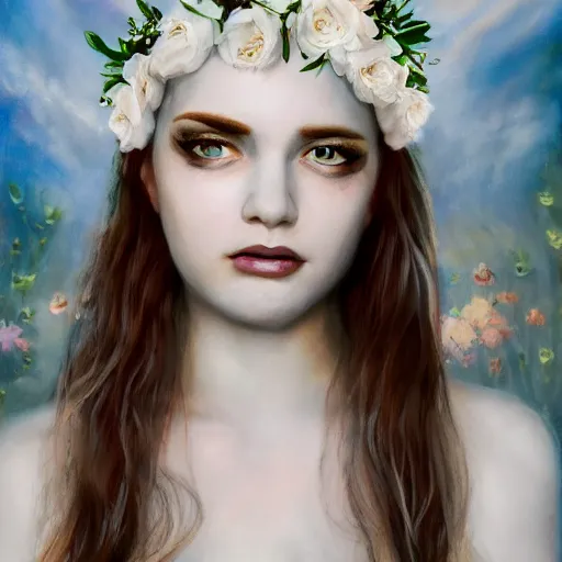 Image similar to a pale girl with white hair wears floral crown, sad blue eyes, cinematic lighting, ultra detailed, grand master oil painting