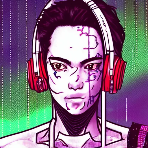 Image similar to a drawing of a person with headphones on, cyberpunk art by Hirohiko Araki, behance, funk art, synthwave, darksynth, official art