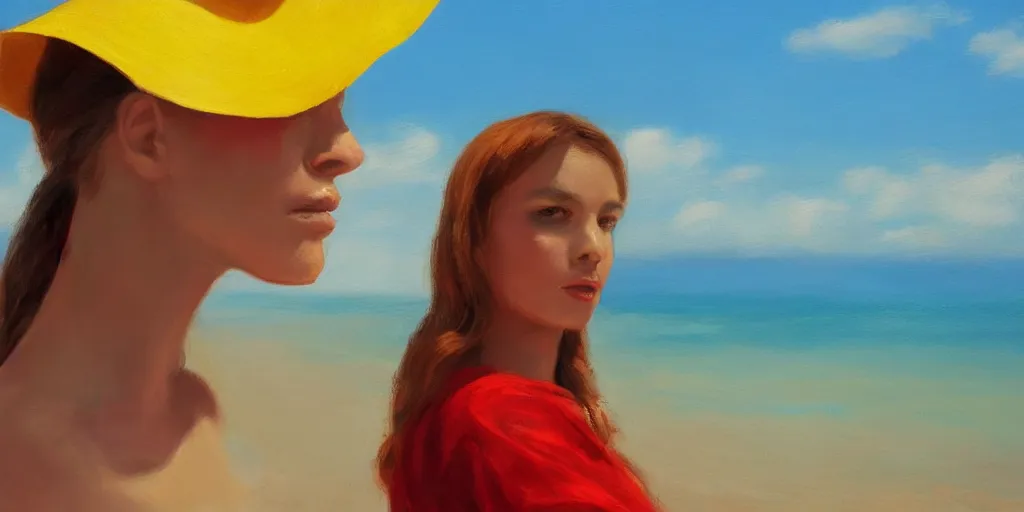 Image similar to beautiful oil matte portrait painting, young woman with red dress and mustard yellow summer hat at a beach on a sunny day, wonderful masterpiece highly detailed, beautiful cinematic light deep focus, elegant, digital painting, smooth, sharp focus, golden ratio, dramatic illumination, ultra realistic, 8 k, art by jimmy law