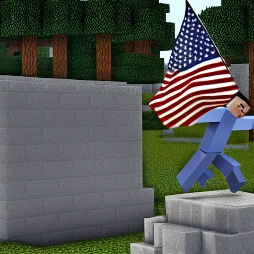 Image similar to dream from minecraft peeing on ronald reagan's grave, hyper realistic, prerendered graphics, dynamic lighting, volumetric lighting, sharp focus, hyperdetailed, realistic