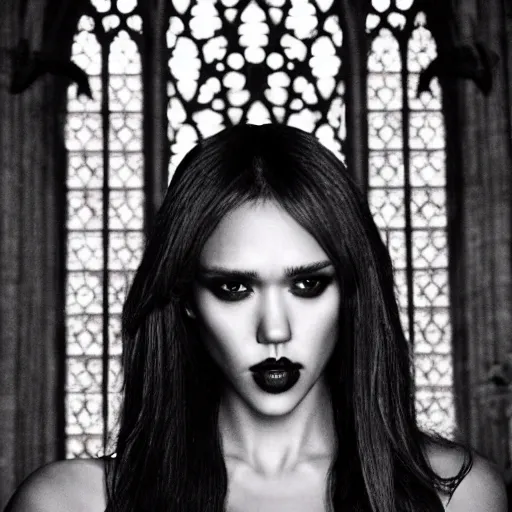 Image similar to jessica alba as a succubus in a gloomy gothic cathedral at night