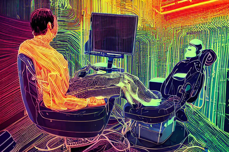 Image similar to man laying on a dentist's chair connected to a machine in a room filled with computer cables and organic material by nikita panin and din burns and phosphor, glitch art, large patches of colors, high contrast, intricate, hyper detailed