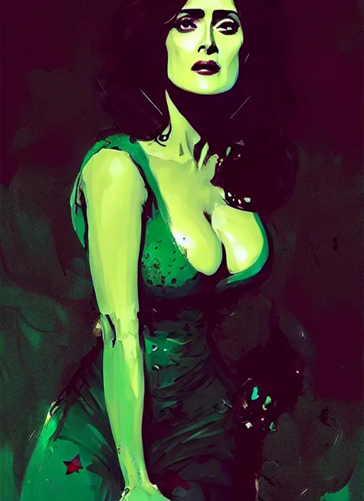 Image similar to salma hayek vampire queen, green peaks in the background, art by ismail inceoglu