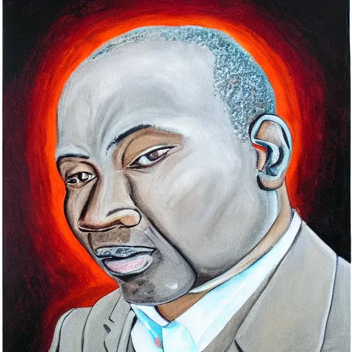 Prompt: a painting of a loving, caring fatherly wide forehead, aquiline nose, round face, XXL , generous, ever-present, humble, wise elder from Kenya in a silver suit and red tie, by Kara Walker . Fatherly/daddy, focused, loving, leader, relaxed. Gold background, heavenly lights, details, smooth, sharp focus, illustration, realistic, cinematic, artstation, award winning, rgb , unreal engine, octane render, cinematic light, macro, depth of field, blur, light and clouds, highly detailed epic cinematic concept art CG render made in Maya, Blender and Photoshop, octane render, excellent composition, dynamic dramatic cinematic lighting, aesthetic, very inspirational, arthouse.