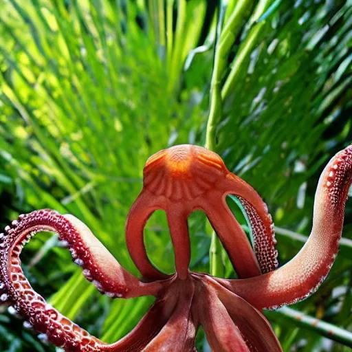 Image similar to an octopus wrapping his tentacles around a lucky bamboo plant outdoors in the sun