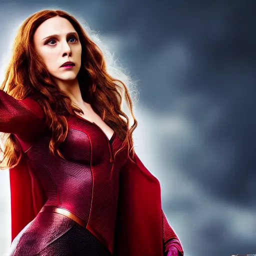 Prompt: high resolution photo of scarlet witch with a menacing look, 4 k, award winning photography.