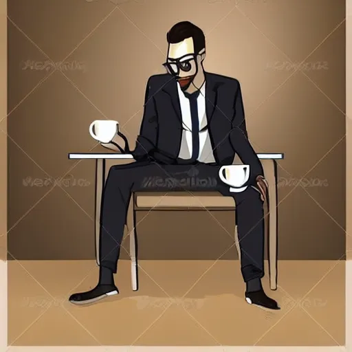 Prompt: startup CEO having a cup of coffee. Handsome!!!!!!! sci-fi concept art photorealistic!!!!!