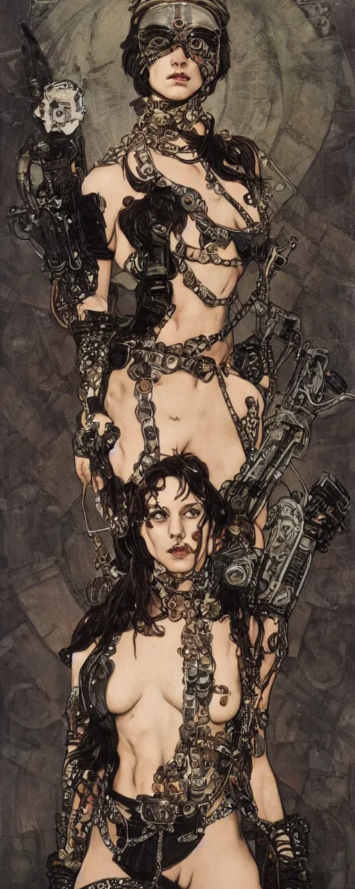 Image similar to striking sensual gorgeous crustpunk art nouveau portrait of cristina ricci as an ironpunk heavy metal rebel soldier by travis charest, simon bisley and alphonse mucha, photorealism, extremely hyperdetailed, perfect symmetrical facial features, perfect anatomy, ornate declotage, excited expression, wild eyes