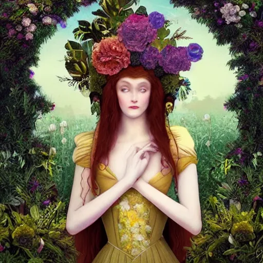 Image similar to a detailed portrait of young woman in renaissance dress and a surreal renaissance headdress, very surreal garden, cyberpunk, surreal tea party, strange creatures, by christian schloe and botticelli, naotto hattori, amy sol, roger dean, moody colors